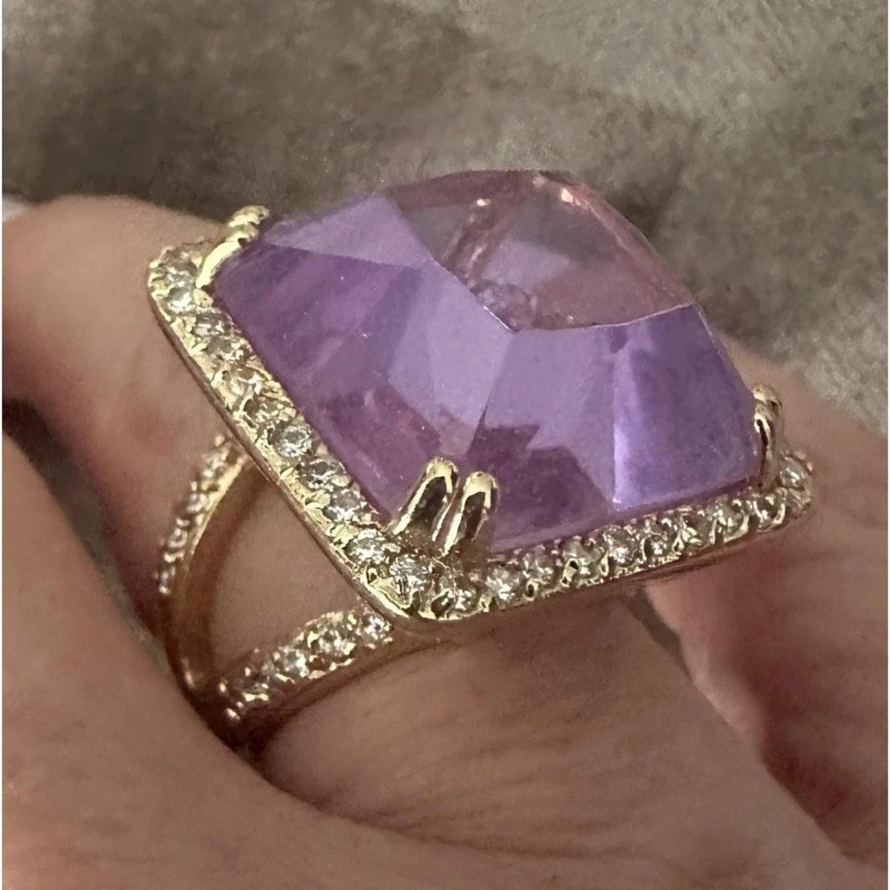 Gold Tone Purple Glass‎ Statement Cocktail Ring Womens Size 7 Square Pave Halo
